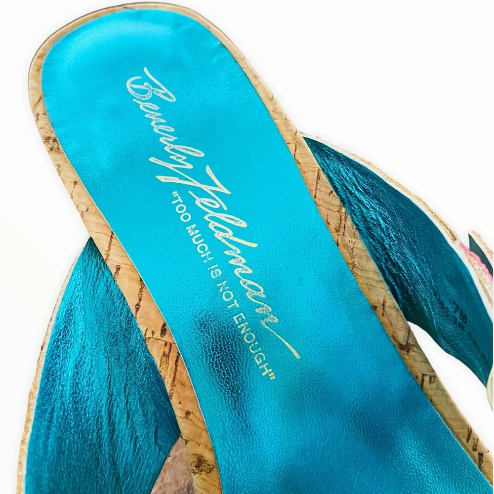 Beverly Feldman 80’s Karena Mixed Print Colorful Belted Cork Wedges‎ Size 7